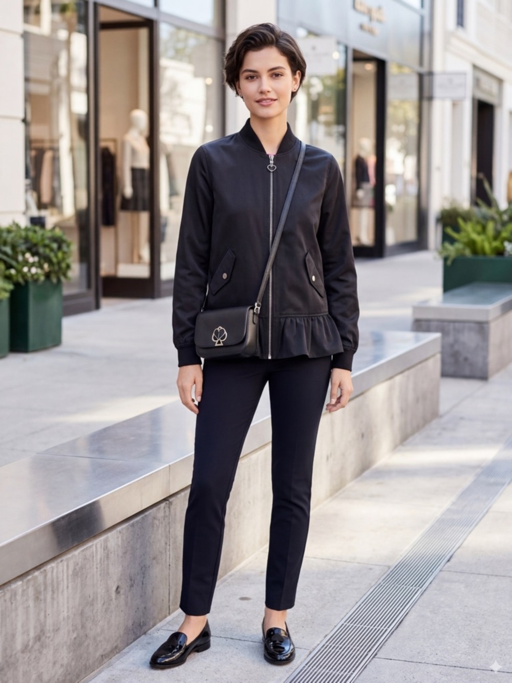 Kate Spade NY Peplum Bomber Jacket - Heart Zipper Pull Black - xxs